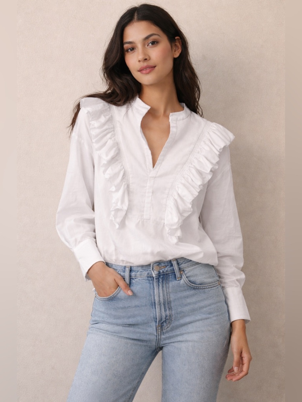 Acler Ivory Ruffle Blouse Cotton Textured V Neck Long Sleeve Size 4